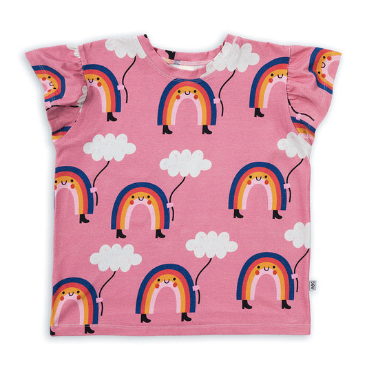 RAINBOW ON PINK T-SHIRT WITH RUFFLED SLEEVES