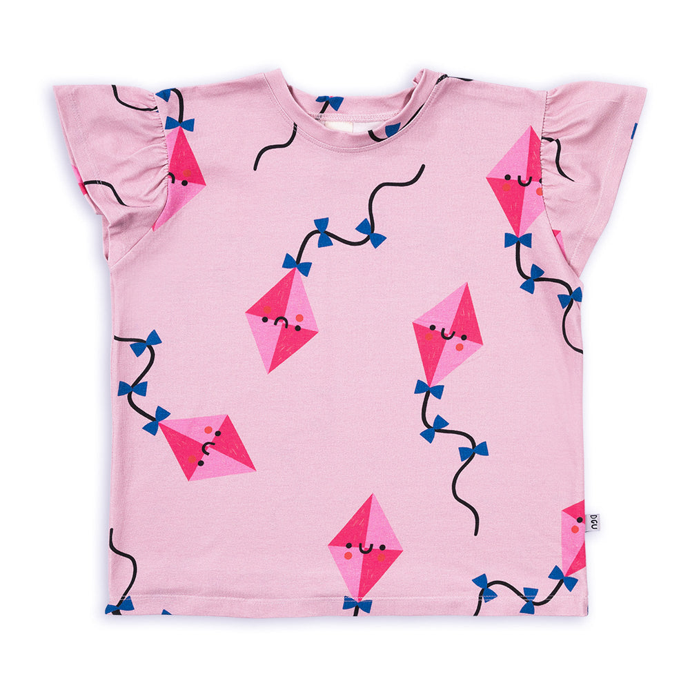 DRAGONS ON PINK RUFFLED SLEEVED T-SHIRT